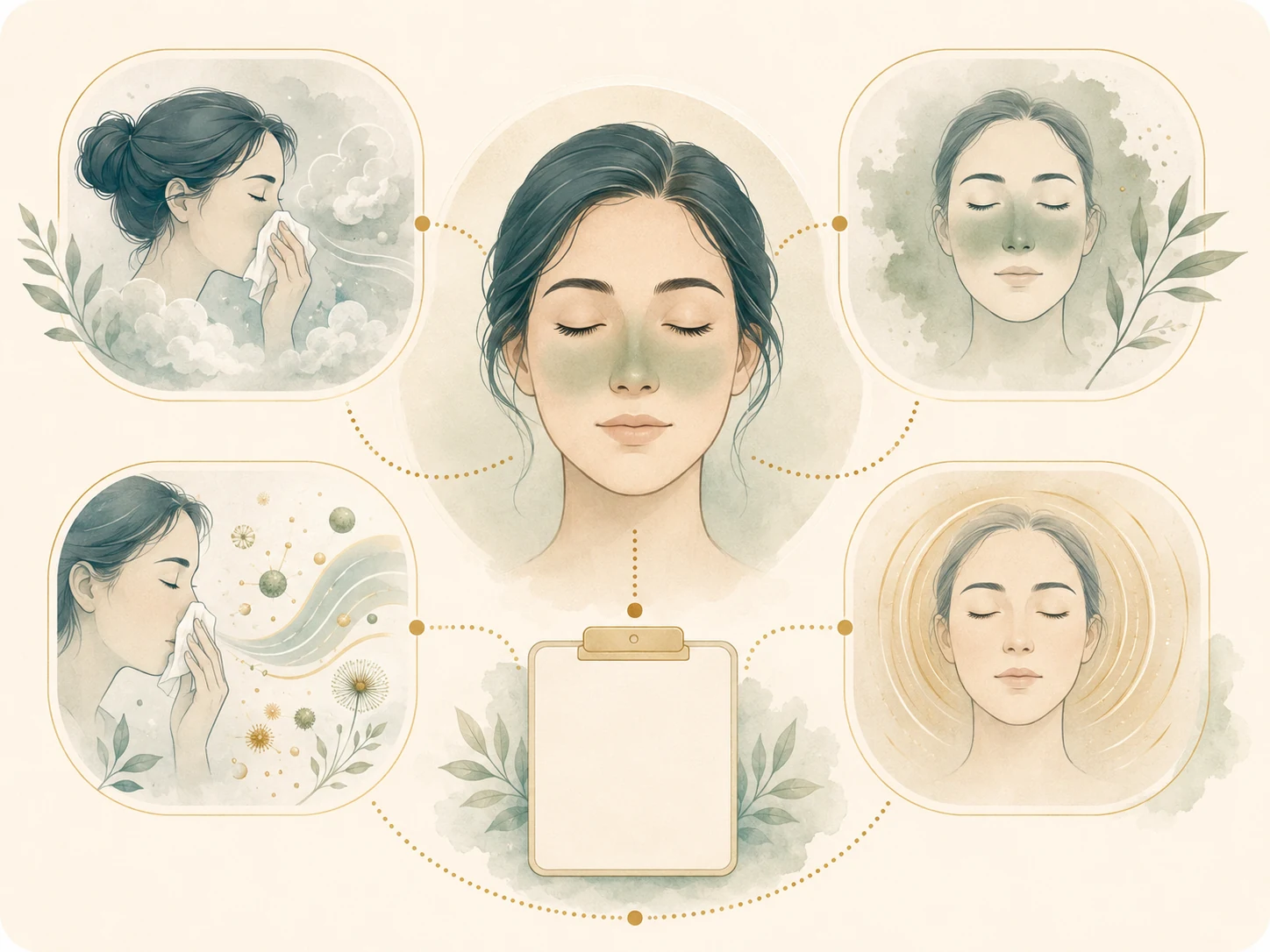 Watercolour panels showing allergy, sneezing, nasal inflammation and symptom assessment