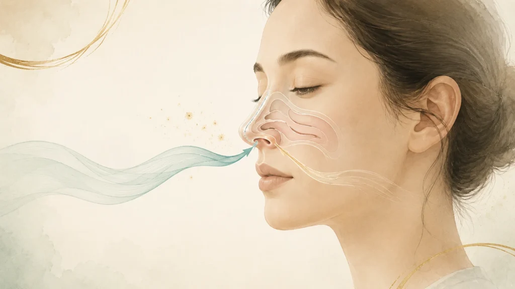 Watercolour illustration of a woman breathing through the nose with nasal airflow and sinus anatomy overlays
