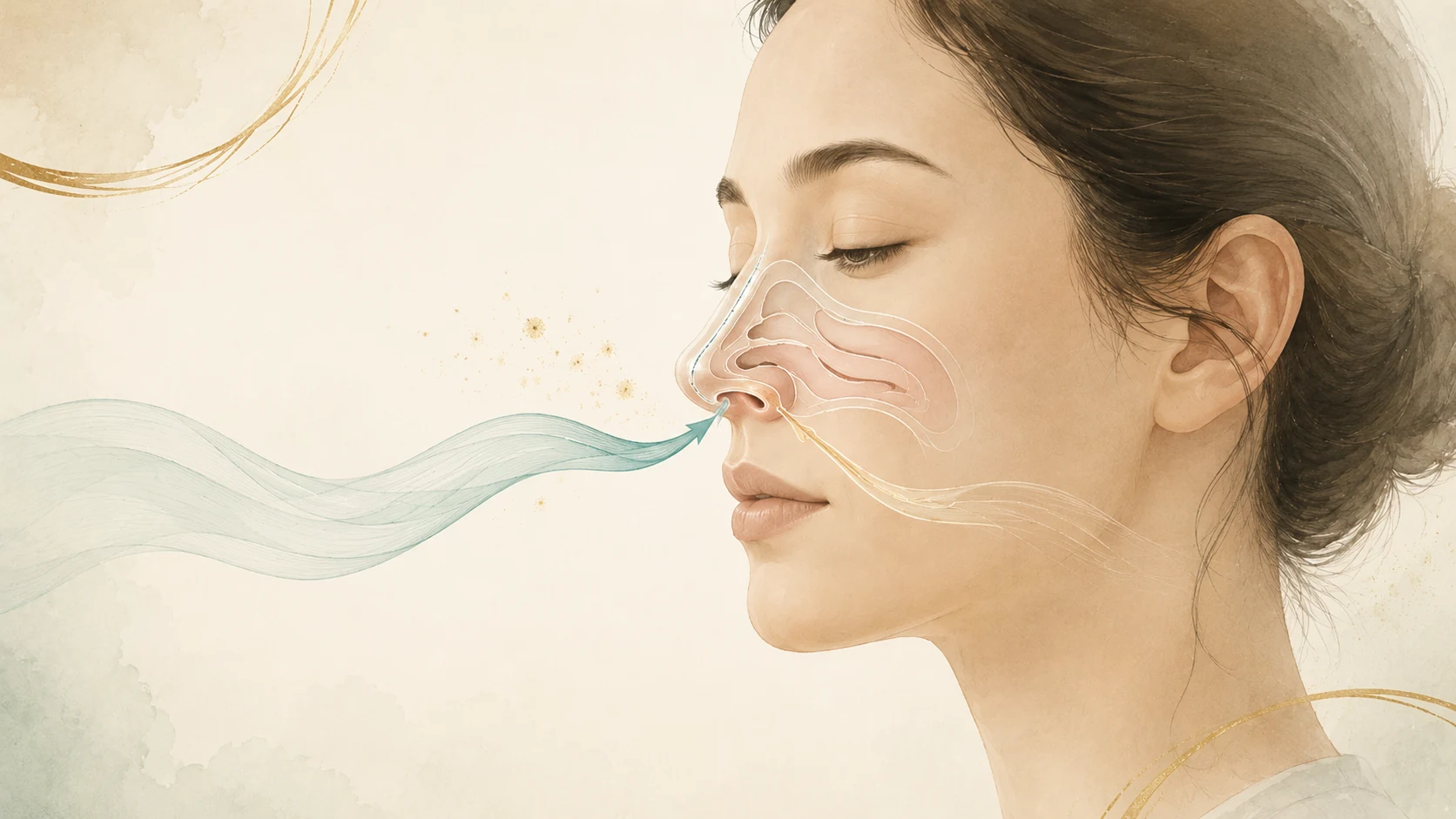 Watercolour illustration of a woman breathing through the nose with nasal airflow and sinus anatomy overlays