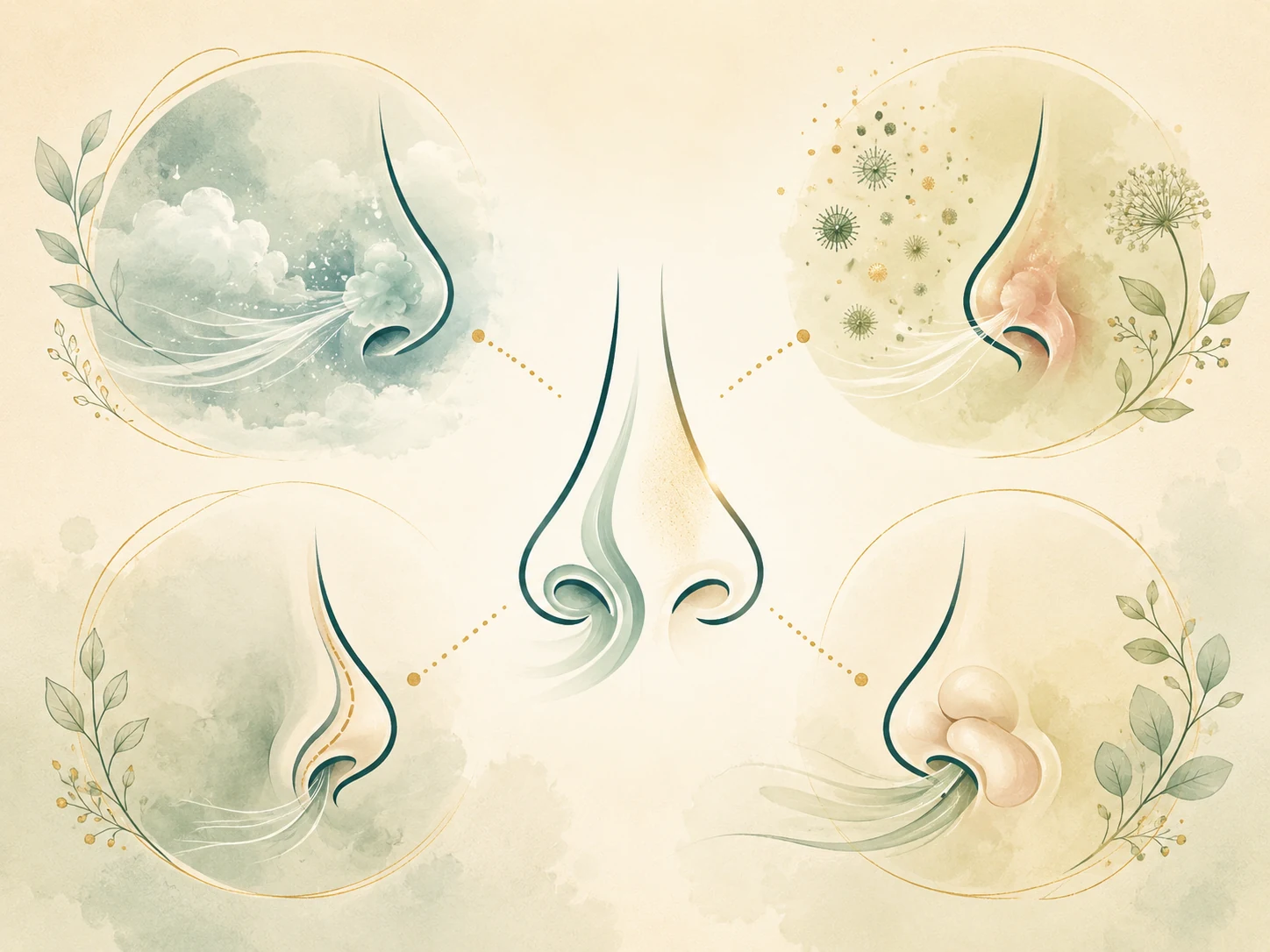 Watercolour panels showing different causes of nasal blockage including allergy, swelling, polyps and narrow nasal airflow