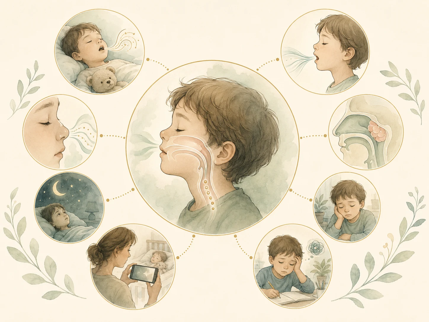 Watercolour infographic showing a child breathing, sleeping and daytime tiredness patterns