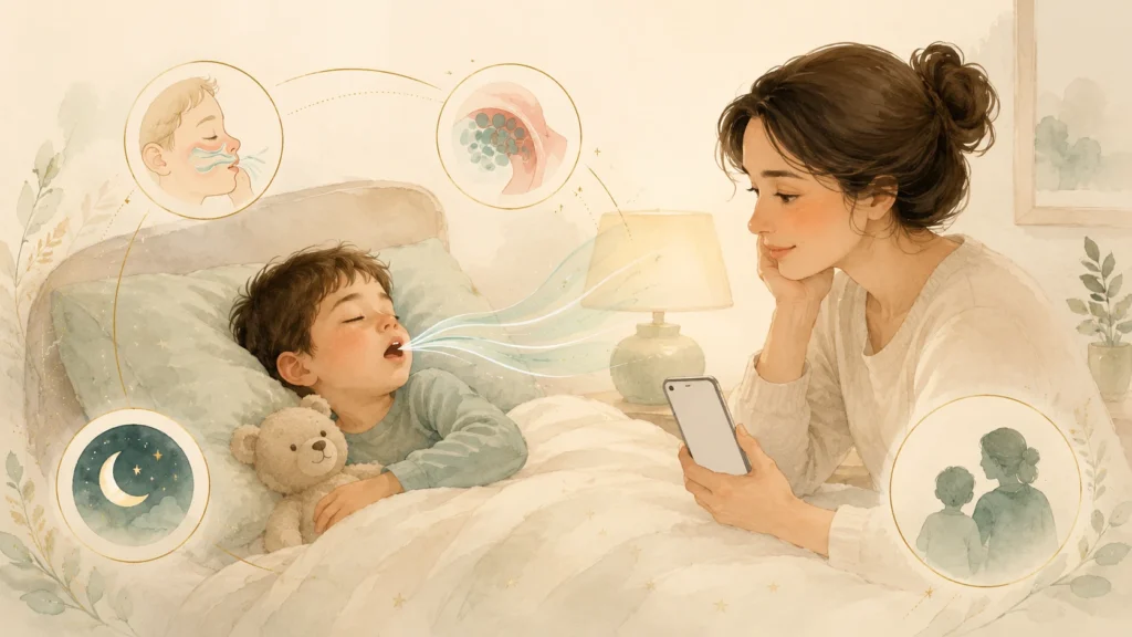 Watercolour illustration of a child sleeping with mouth breathing while a parent observes