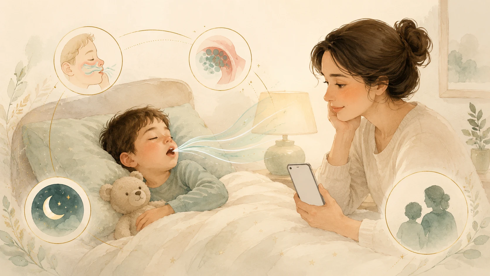 Watercolour illustration of a child sleeping with mouth breathing while a parent observes