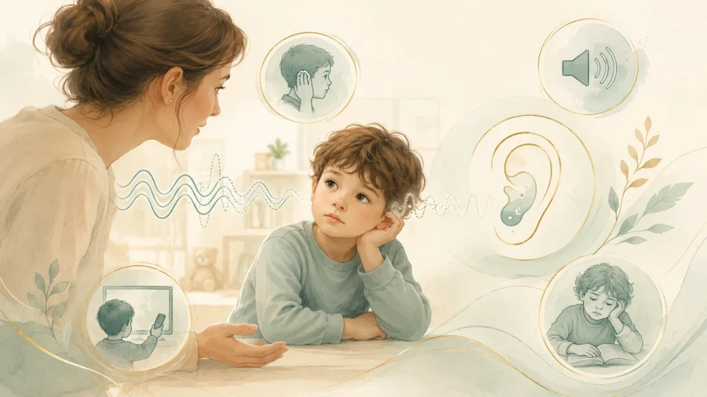 Watercolour illustration of a parent speaking with a child about hearing and listening