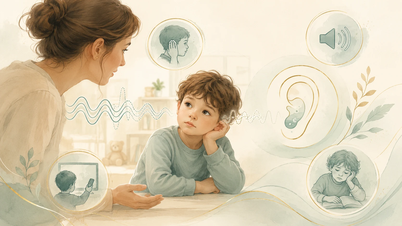 Watercolour illustration of a parent speaking with a child about hearing and listening