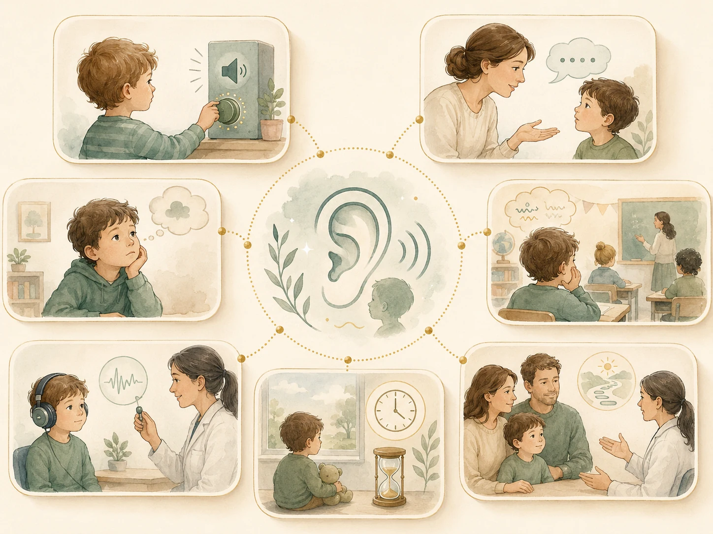 Watercolour infographic showing hearing checks, classroom listening, a child turning up volume and family discussion