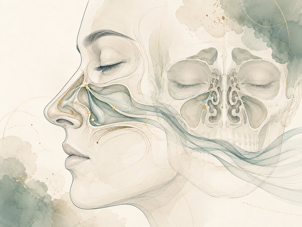 Elegant anatomical illustration of the nasal airway, sinuses and facial skeleton