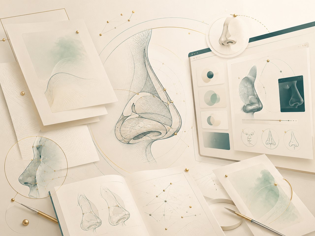 Abstract research and education illustration with nasal anatomy, publications and digital learning panels