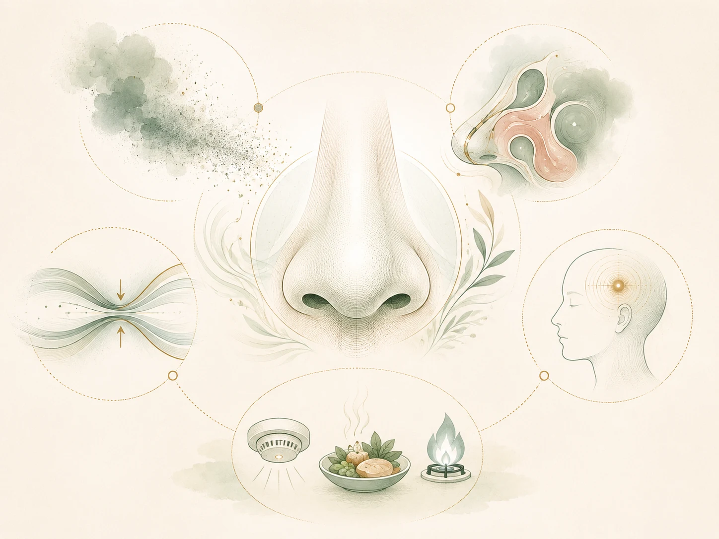 Watercolour safety illustration showing smell loss, smoke alarm, food and gas safety cues