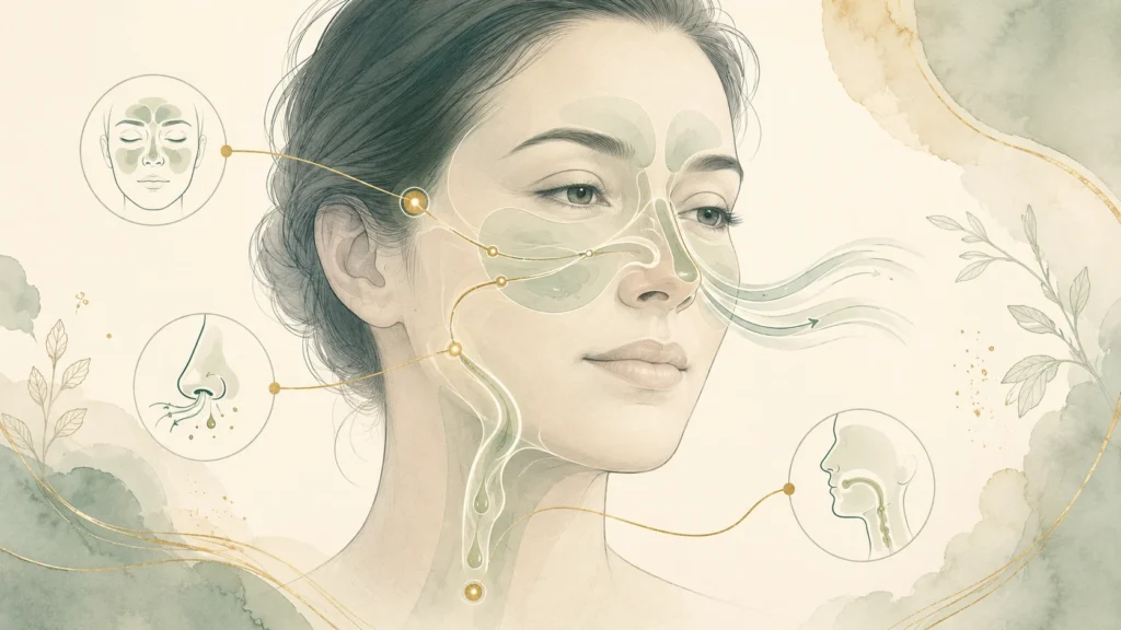 Watercolour illustration of nasal airflow, sinus anatomy and facial pressure patterns