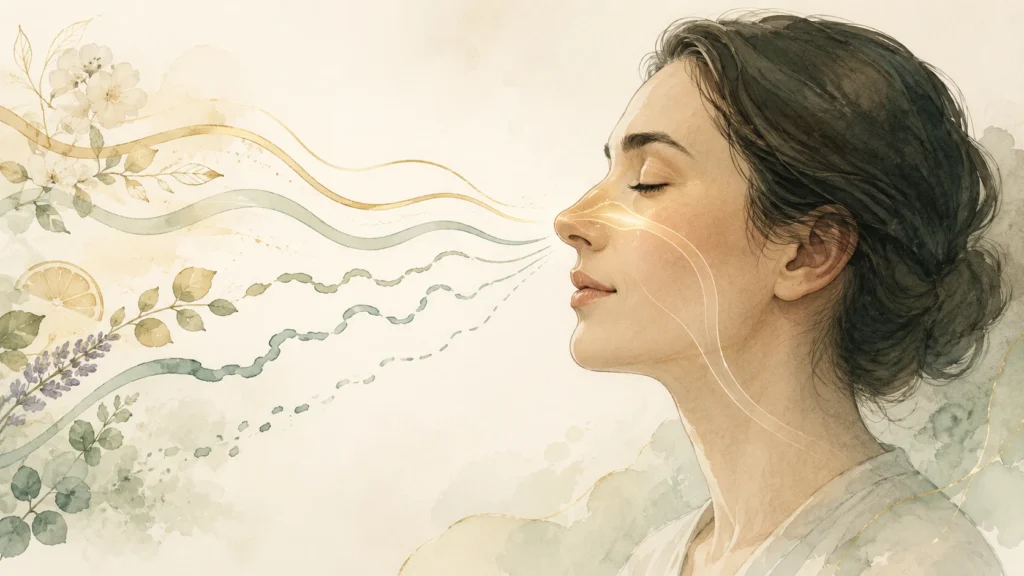 Watercolour illustration of a woman sensing gentle fragrances and nasal airflow