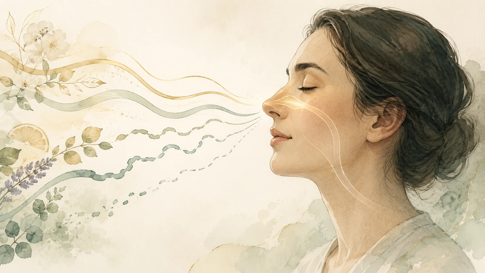 Watercolour illustration of a woman sensing gentle fragrances and nasal airflow