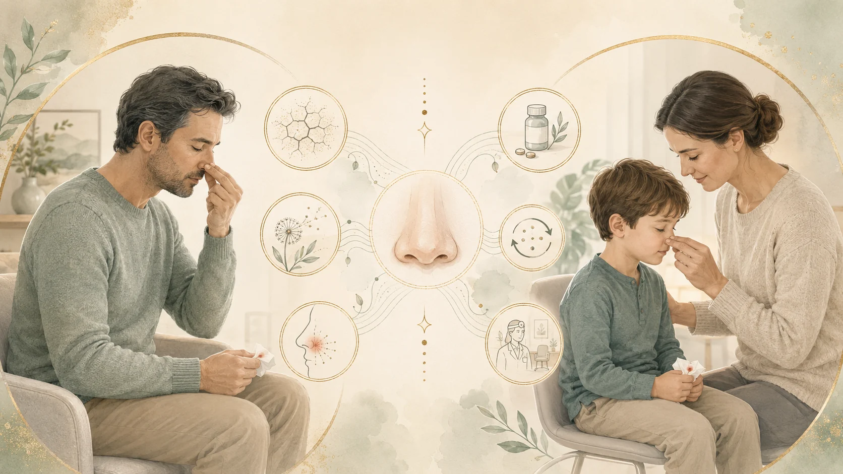 Watercolour illustration showing adult and child nasal care with a central nose diagram