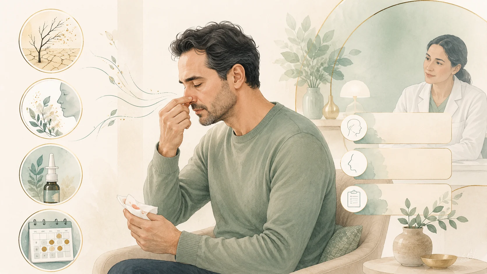 Watercolour illustration of an adult man pinching the nose during a nosebleed, with ENT assessment panels