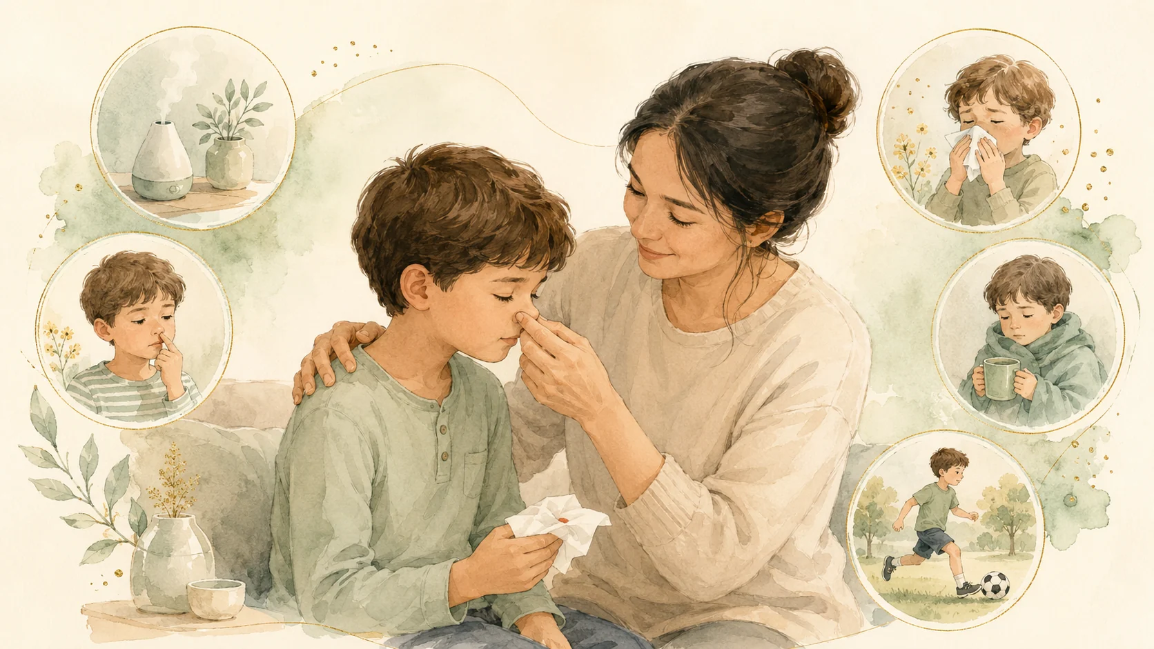 Watercolour illustration of a parent gently helping a child after a nosebleed at home