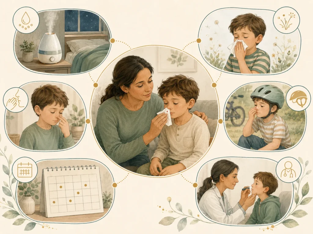 Watercolour illustration of a parent helping a child with a nosebleed, with panels showing first aid and prevention