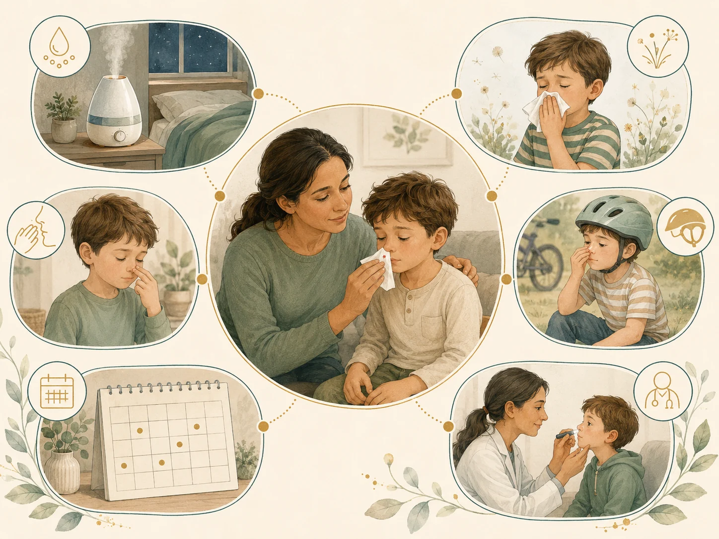 Watercolour illustration of a parent helping a child with a nosebleed, with panels showing first aid and prevention