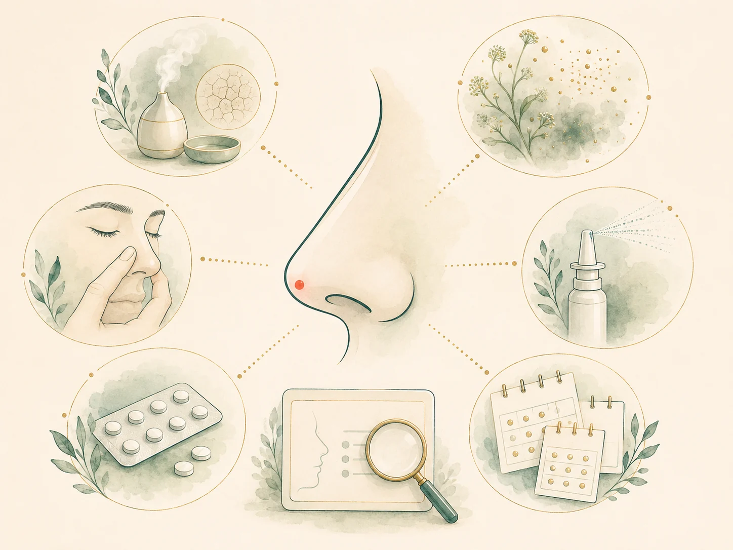 Watercolour diagram showing nose care, moisturising, nasal spray, allergy triggers and symptom tracking