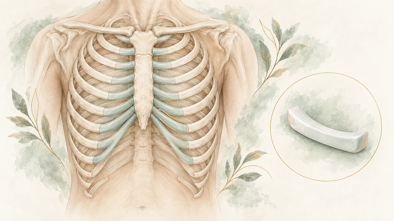 Simplified chest-wall model showing pale ribs and sage-coloured cartilage, with a separate cartilage sample.