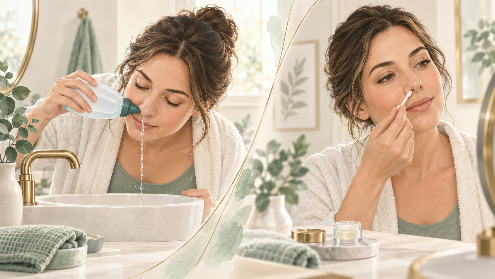 Two-part illustration of a patient using a saline rinse over a sink and applying a small amount of emollient at the front of a nostril.
