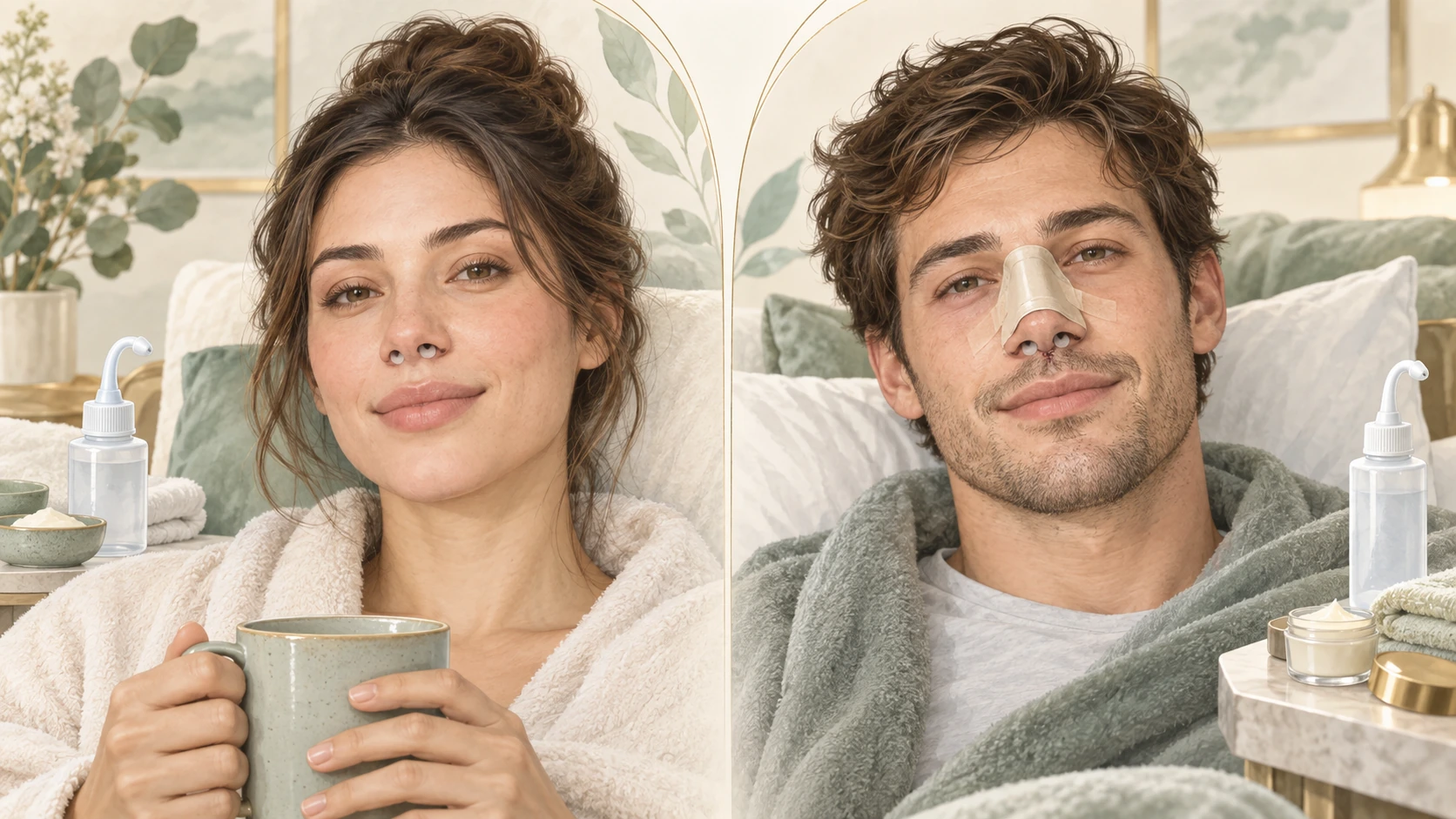 Side-by-side illustration of two patients recovering at home, one without an external nasal splint and one with an external nasal splint.
