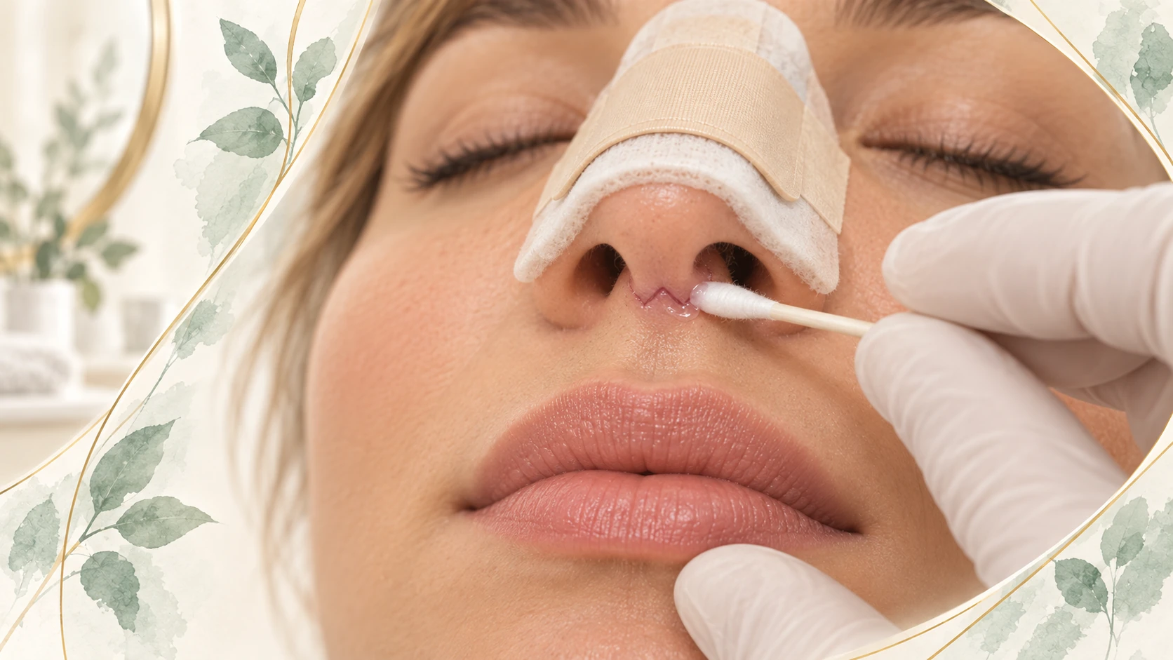 Close-up illustration of a gloved hand gently applying ointment to the small columellar wound beneath the nose, with an external nasal splint in place.
