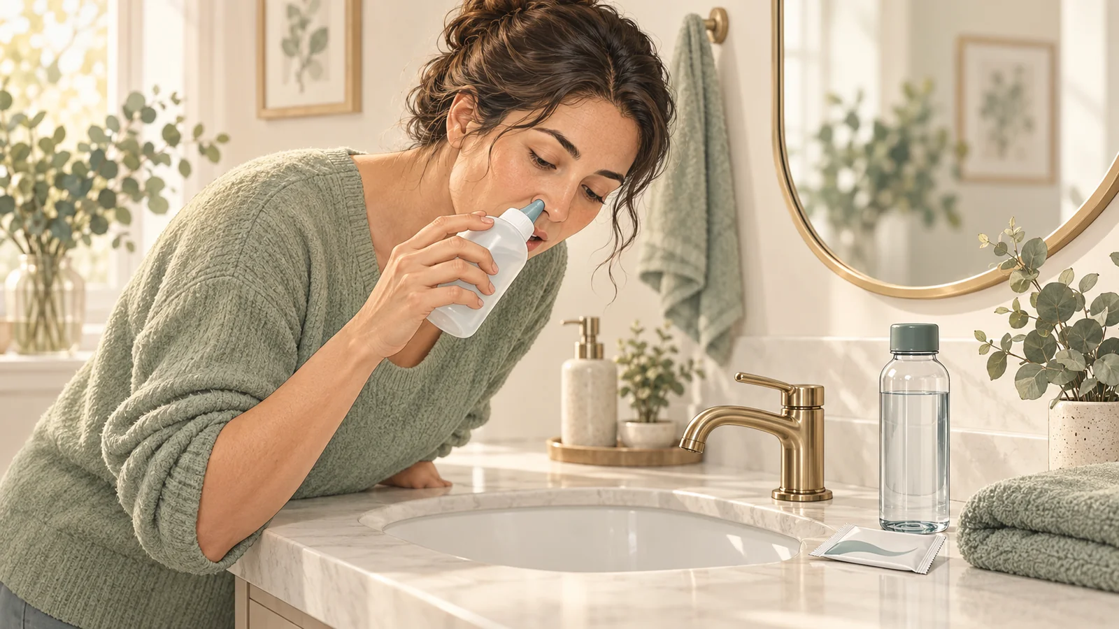 Adult leaning over a bathroom sink with a nasal-rinse bottle and supplies on the counter.