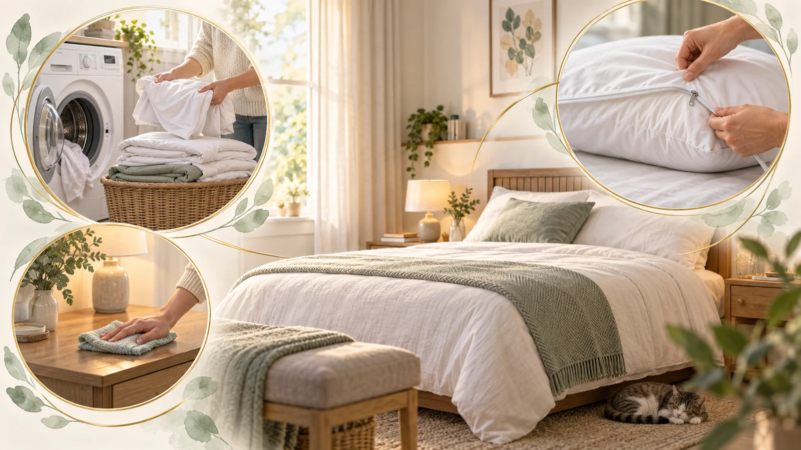 Bedroom illustration with bedding washing, damp dusting and a zipped pillow cover.