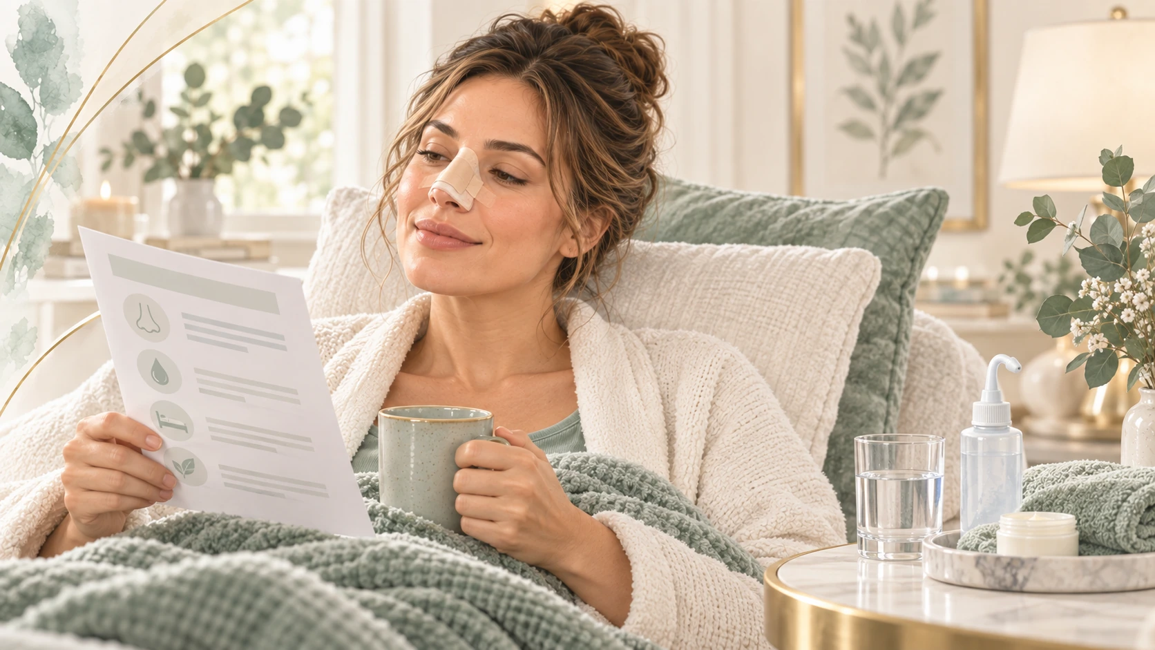 Illustration of a patient resting with her head supported, reading her aftercare instructions, with a nasal splint and care supplies nearby.