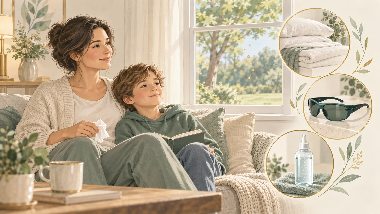 Adult and child sitting together at home, with small illustrations of bedding, sunglasses and nasal care.