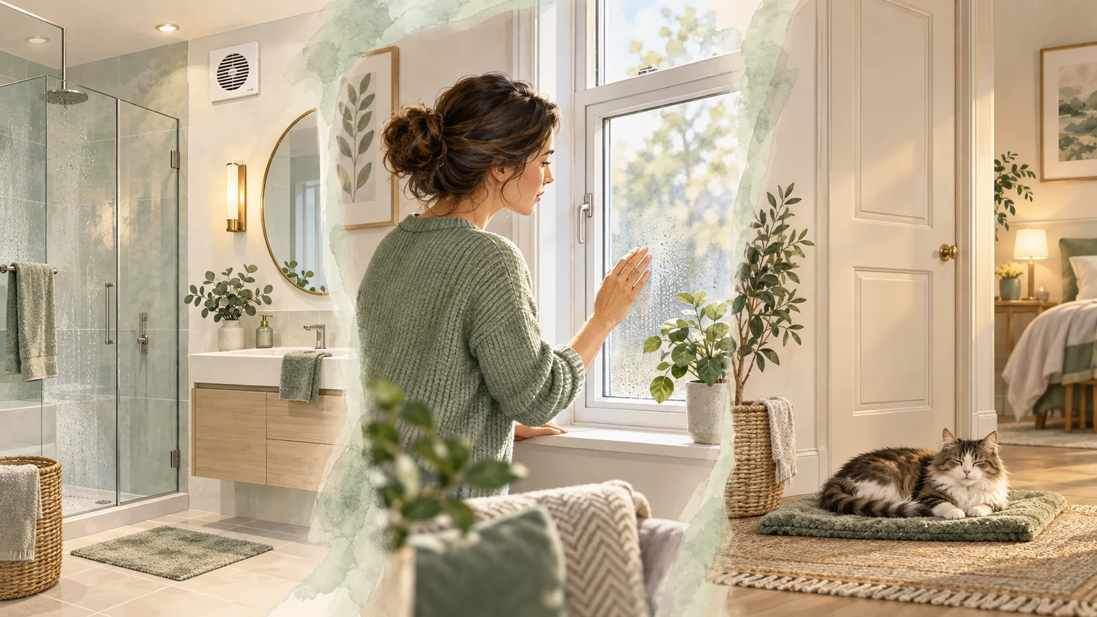 Home scenes showing bathroom extraction, checking window condensation and a cat resting in a separate living area.