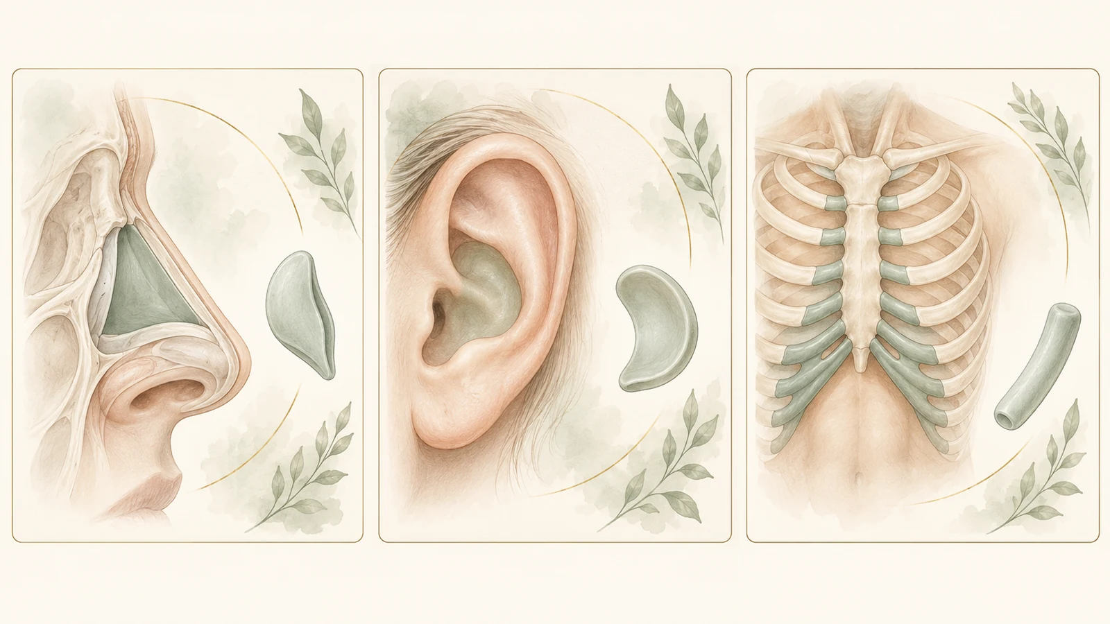 Three explanatory panels showing nasal septal cartilage, ear cartilage and costal cartilage.